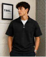 Half Zip Collar T-Shirt – Oversized Casual Fit-Black