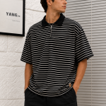 Wavy Striped Polo Shirt – Short Sleeve-Black