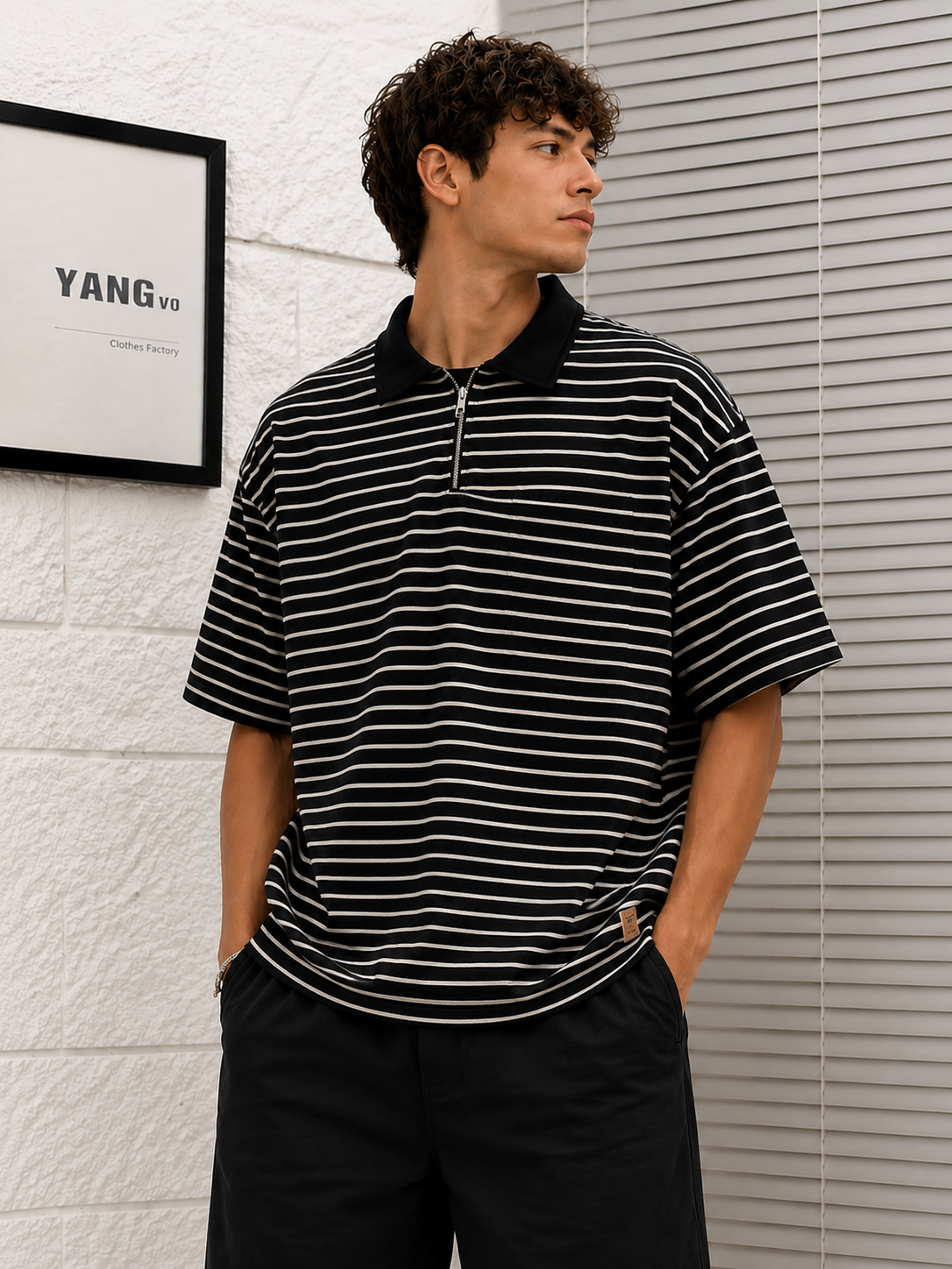 ChatGPT Image Aug 25, 2026, 07_22_16 PM Wavy Striped Polo Shirt – Short Sleeve-Black - Image 1