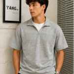 Half Zip Collar T-Shirt – Oversized Casual Fit-Gray