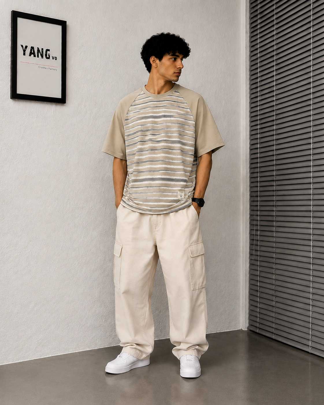 لآ Striped Raglan T-Shirt – Oversized Casual Fit-Beige - Image 1